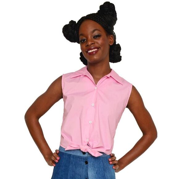 Pink Sleeveless Tie Front Button Up Blouse 50s 60s Retro Style Size L - Hey Viv - Picture 2 of 5